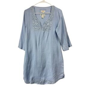 Malvin Love Linen Size Small Blue Tunic Dress Slit Hem 3/4 Sleeve Beach Boho